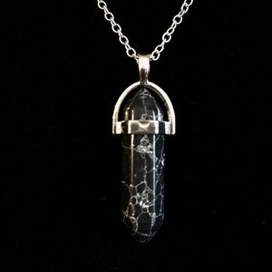 Black Marble Pillar Cut Pendant Necklace on Silver Chain NWT